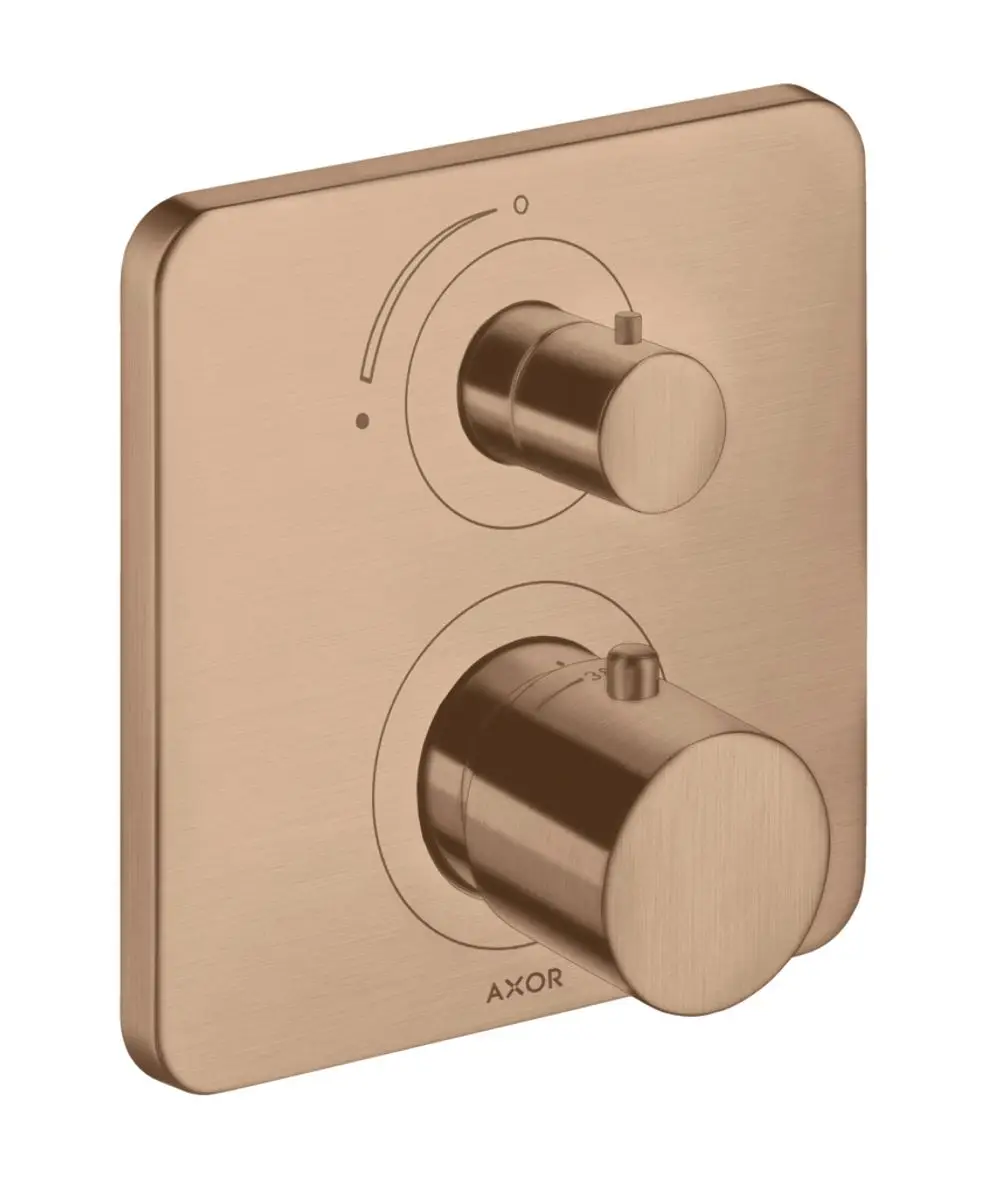 Thermostat-Unterputz mit zwei Bedienelementen in gebürstetem Rotgold, brand AXOR, zur Anpassung von Temperatur und Wasserfluss.